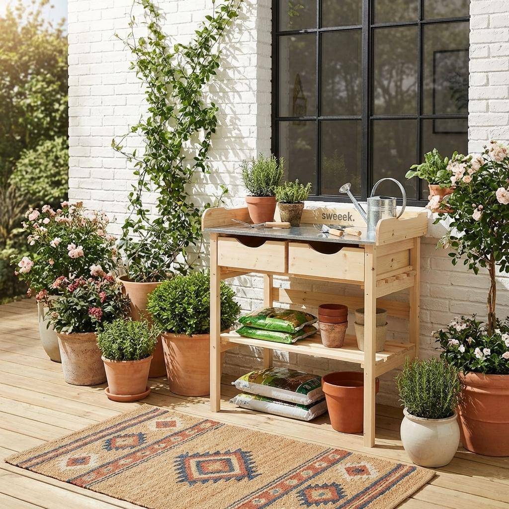 Petunia - Mesa de jardín con 2 cajones