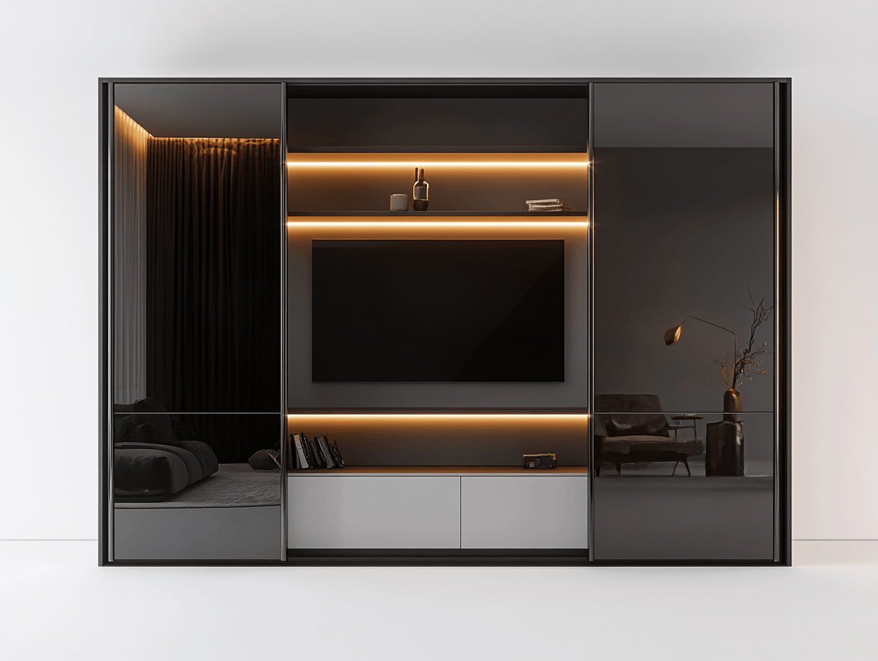 Armario negro moderno con puertas correderas de cristal y estantes LED integrados
