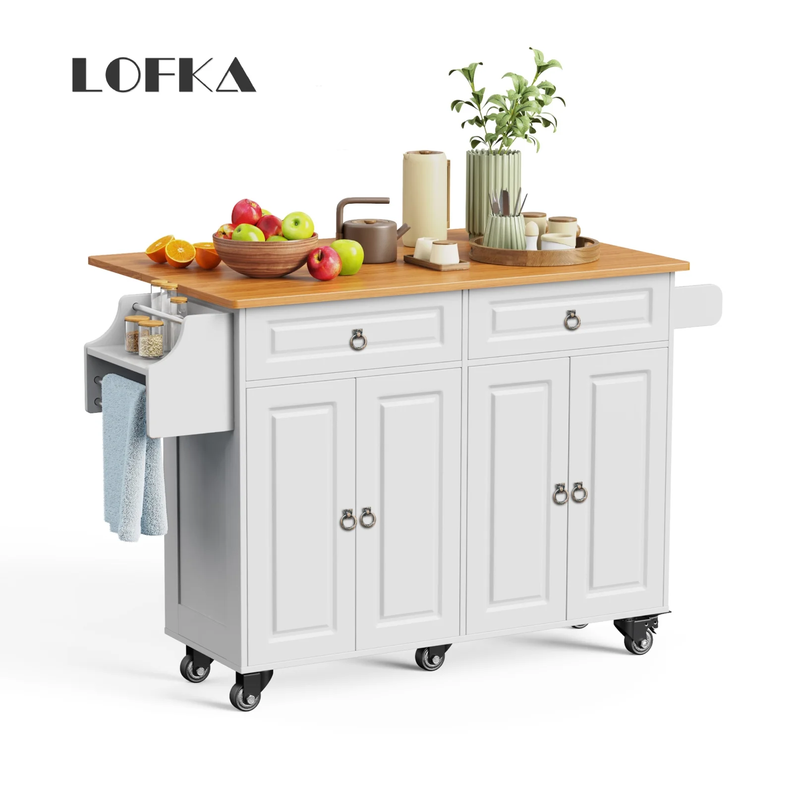 Lofka 52-Inch Kitchen Island with Storage on Wheels with Wood Drop Leaf, Ideal for Small Kitchens - Image 10