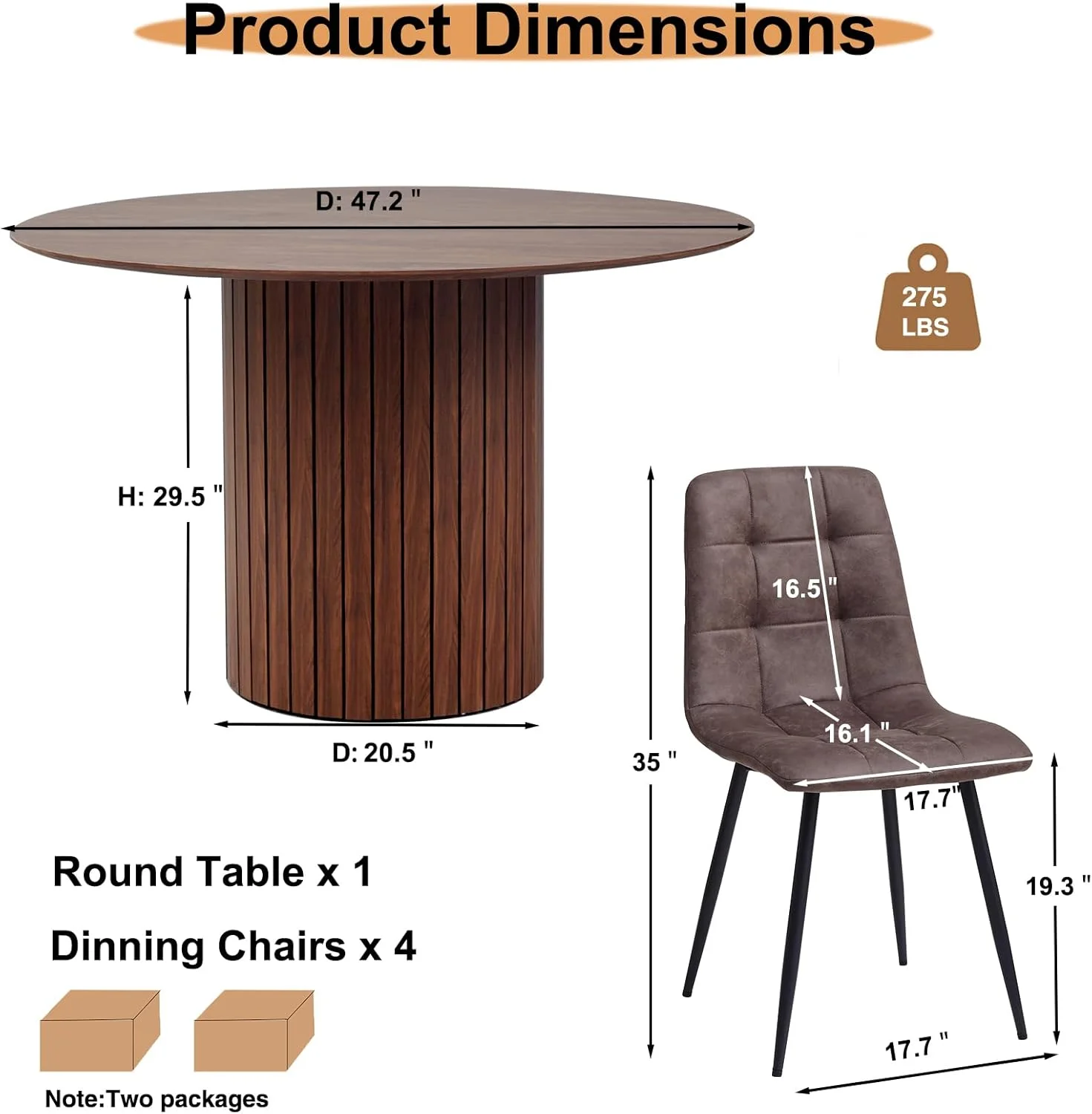 5 Piece Round Dining Table Set - Mid-Century 47 inch Oak Dining Table with 4 Brown Faux Leather Chairs Set, Dinner Table & Chair with Metal Legs for Kitchen Dining Room, Apartment, Bedroom - Image 14