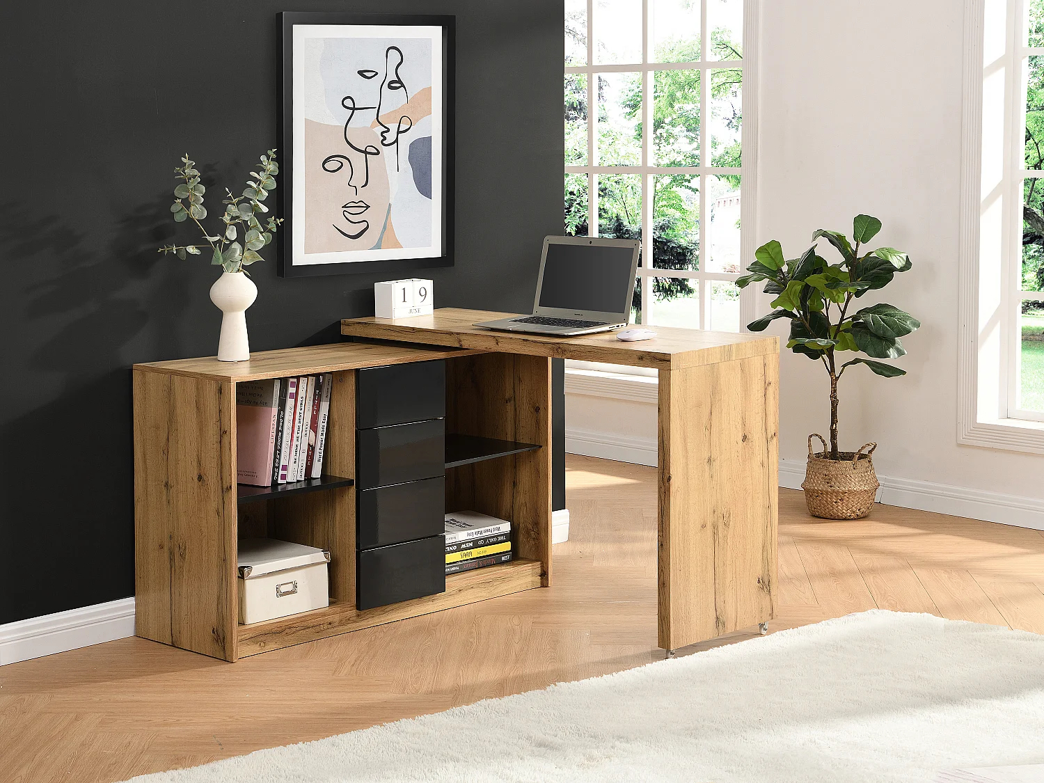Escritorio extensible con tablero giratorio 360° - MDF - Blanco lacado - PAVELO