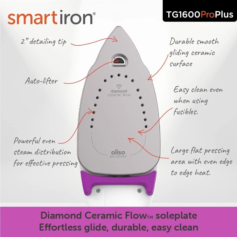 Oliso TG1600 Pro Plus 1800 Watt SmartIron with Auto Lift - for Clothes, Sewing, Quilting and Crafting Ironing | Diamond Ceramic-Flow Soleplate Steam Iron, Yellow - Image 13