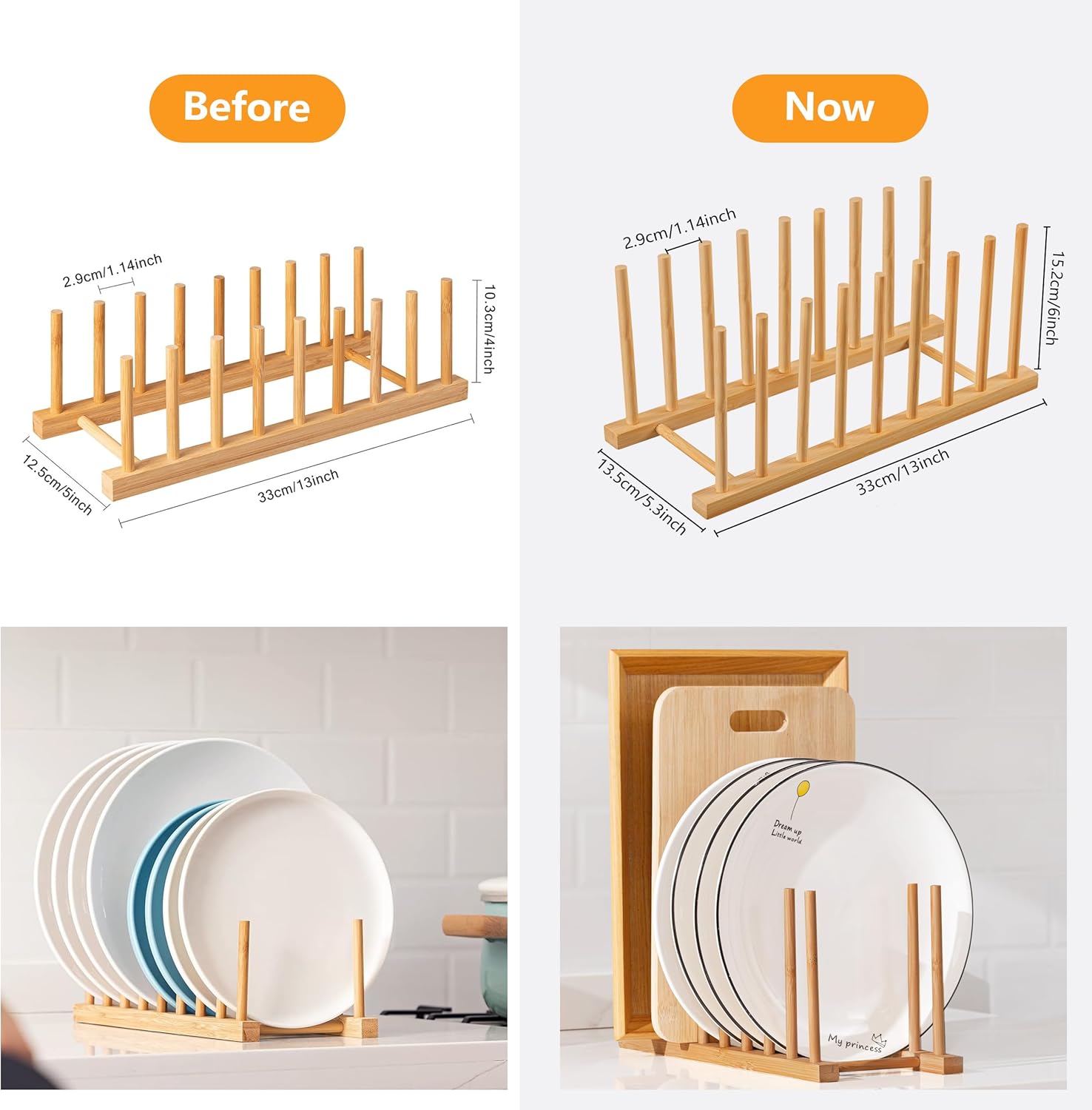 HBlife Heighten and Widen Bamboo Dish Dying Rack Pot Lid Plate Organizer Holder for Cabinet, Cutting Board Stand Drainer Storage Plate Rack for Dish, Pot Lid, Bowl, Cup, Cutting Board and Books