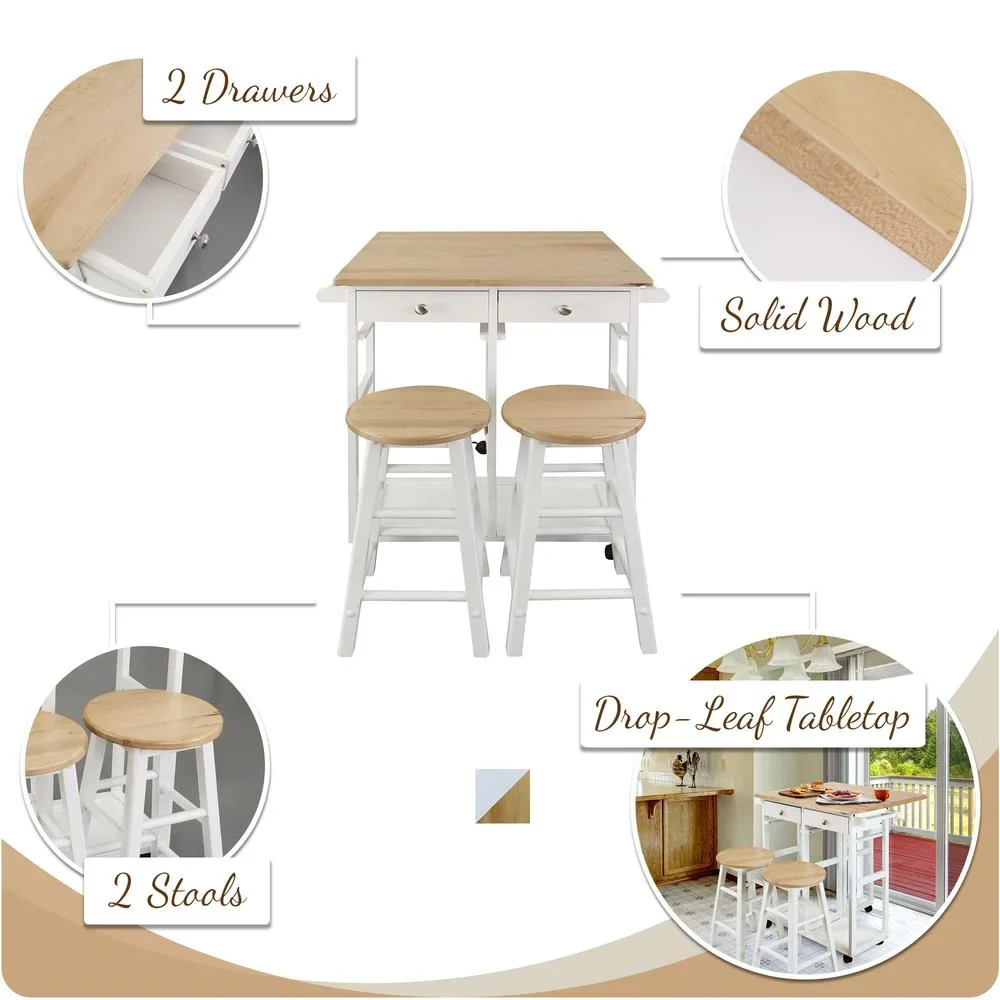 American Trails Breakfast Cart with Drop-Leaf Table, American Maple Top, Square - White