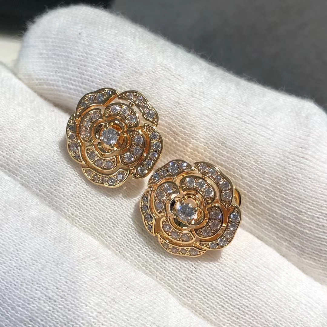 Chanel Diamond Camellia Stud Earrings - Original Replica Club