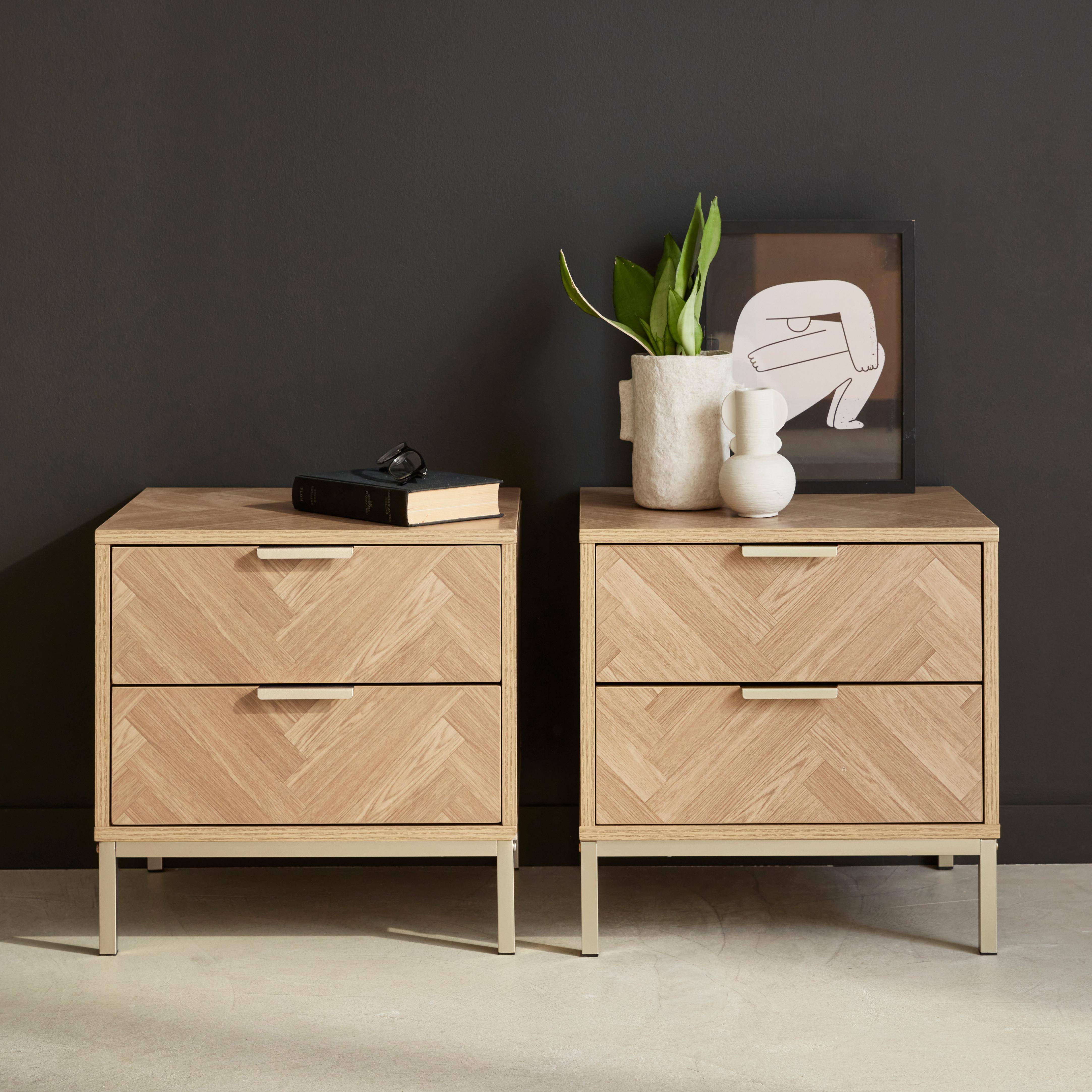 Budapest - Mesita de noche efecto madera con diseño en espiga, set de 2