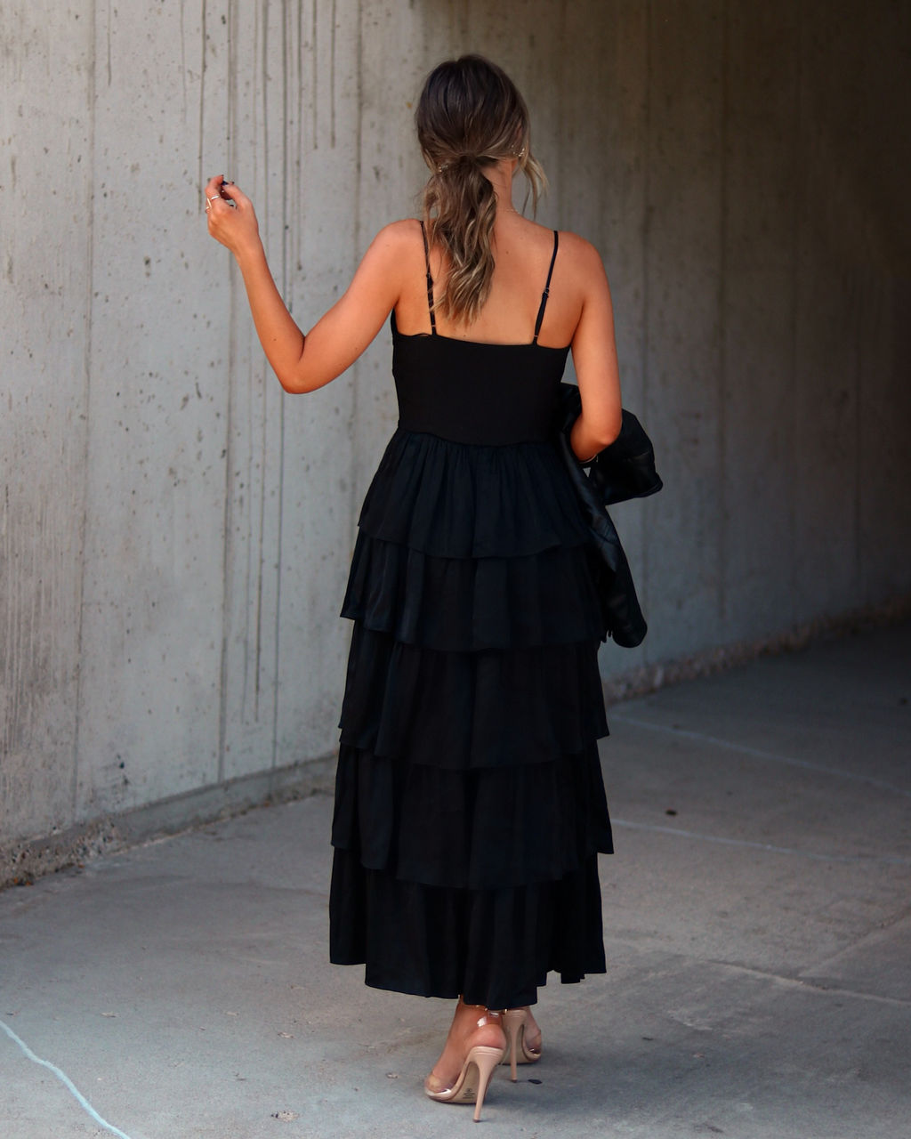 Dhalia Satin Tiered Midi Dress - Black - Se7enfashion
