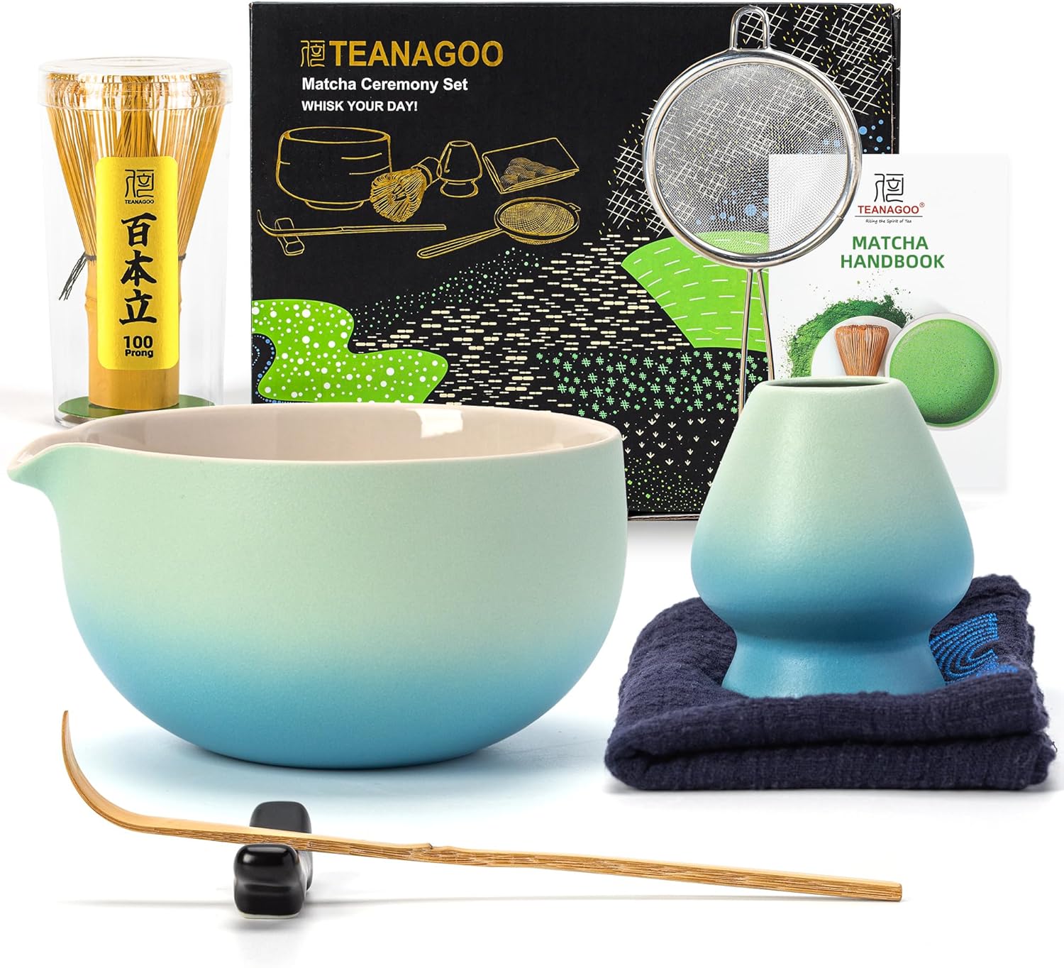 TEANAGOO Matcha Whisk Set Black,7 Pcs Matcha Set,Matcha Kit for Ceremony,Tradition Tea Set for Making Breakfast/Latte,Matcha Whisk Set with Bowl(Chawan)/Whisk and Holder,Gift for Family/Friend