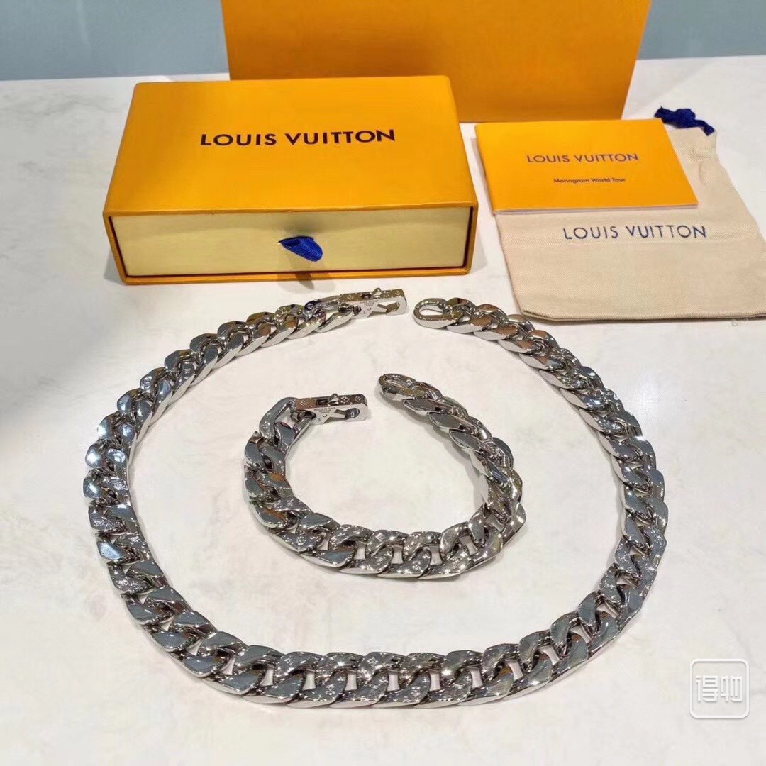 Louis Vuitton Flat Chunky Cuban Chain Bracelet Necklace Mens - Original Replica Club