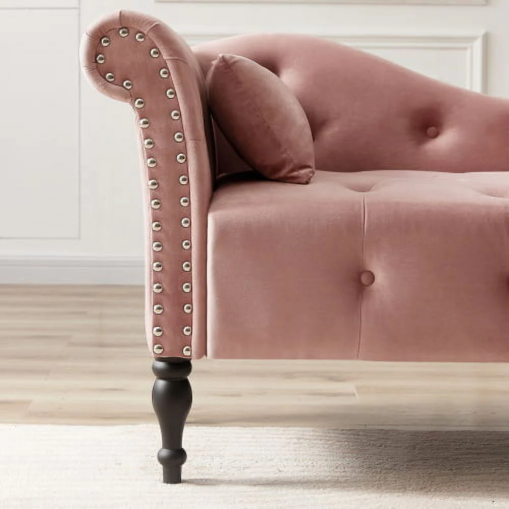 60.6" Velvet Chaise Lounge Chair, Sleeper Lounge Sofa with Buttons Tufted and Nailhead Trimmed, Modern Tufted Long Lounger with 1 Pillow and Solid Wood Legs, for Living Room or Office, Rose - Image 5