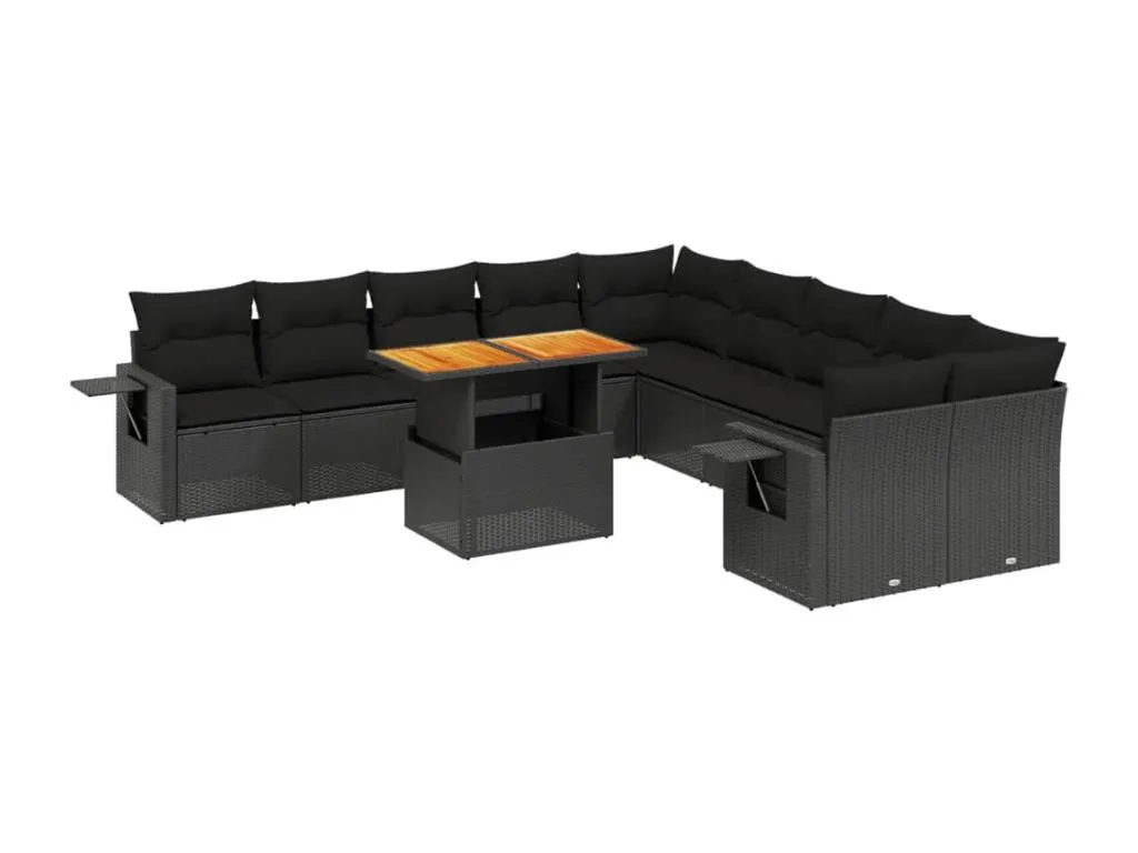 Set de sofás de jardín 11 pzas y cojines ratán sintético negro