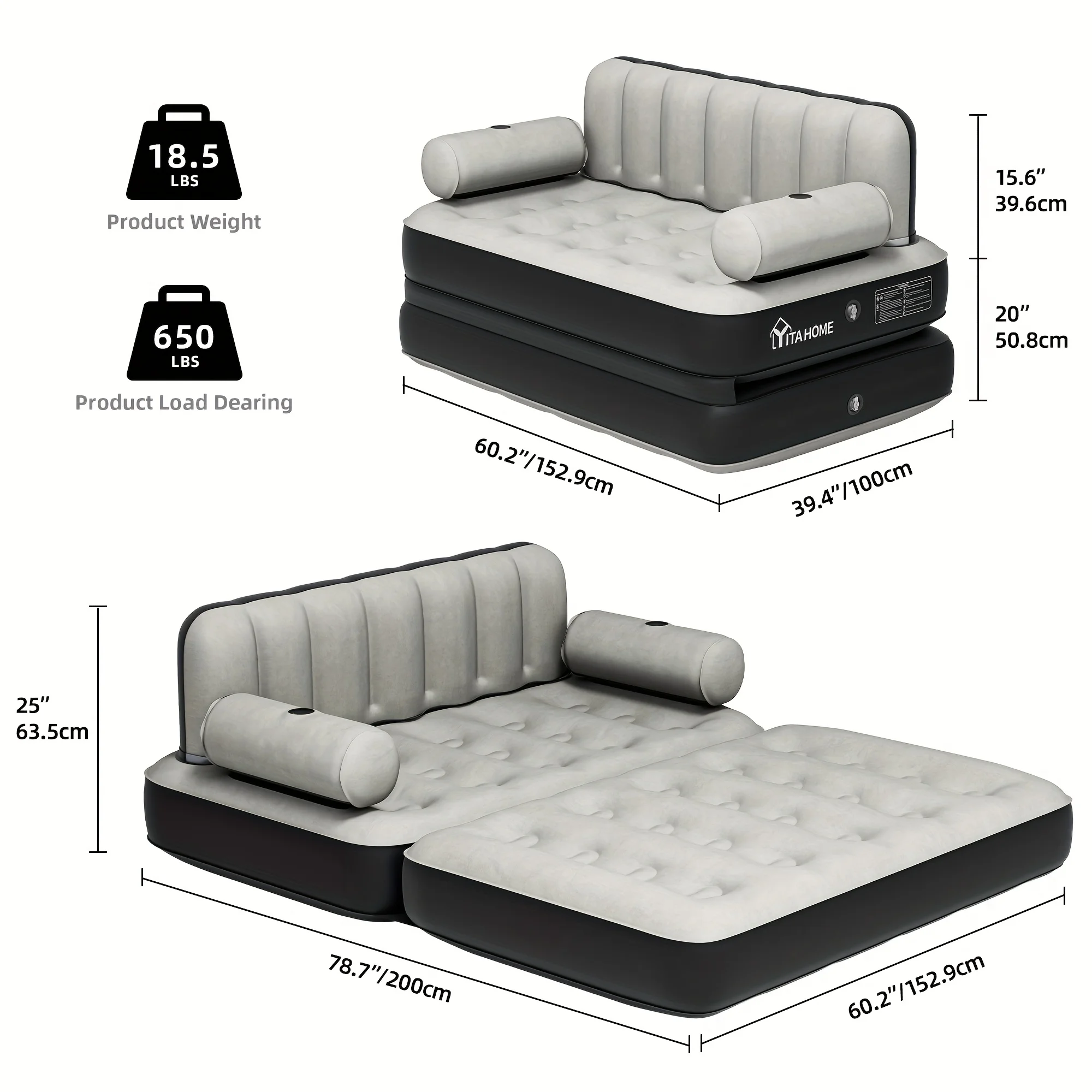Inflatable Air Sofa Bed 2-in-1 Backrest Couch Airbed With Headboard And Pump Convertible Blow Up Bed Mattress For Home, Camping, And Guests, Living Room Furniture, Queen Size