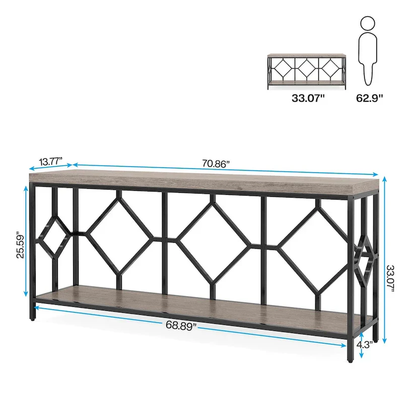 70.9-Inch Industrial Sofa Console Table with Open Storage Shelf - Extra Long Narrow Entry Table for Behind Couch