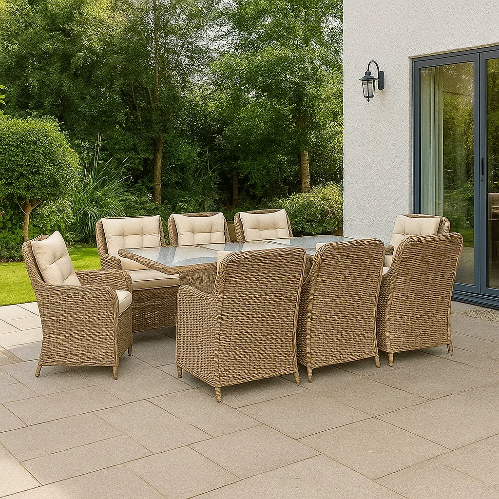 Conjunto de comedor de jardín en ratán sintético: 1 mesa rectangular y 8 sillones con cojines,marrón claro y beige - ujUjRVJ225UE