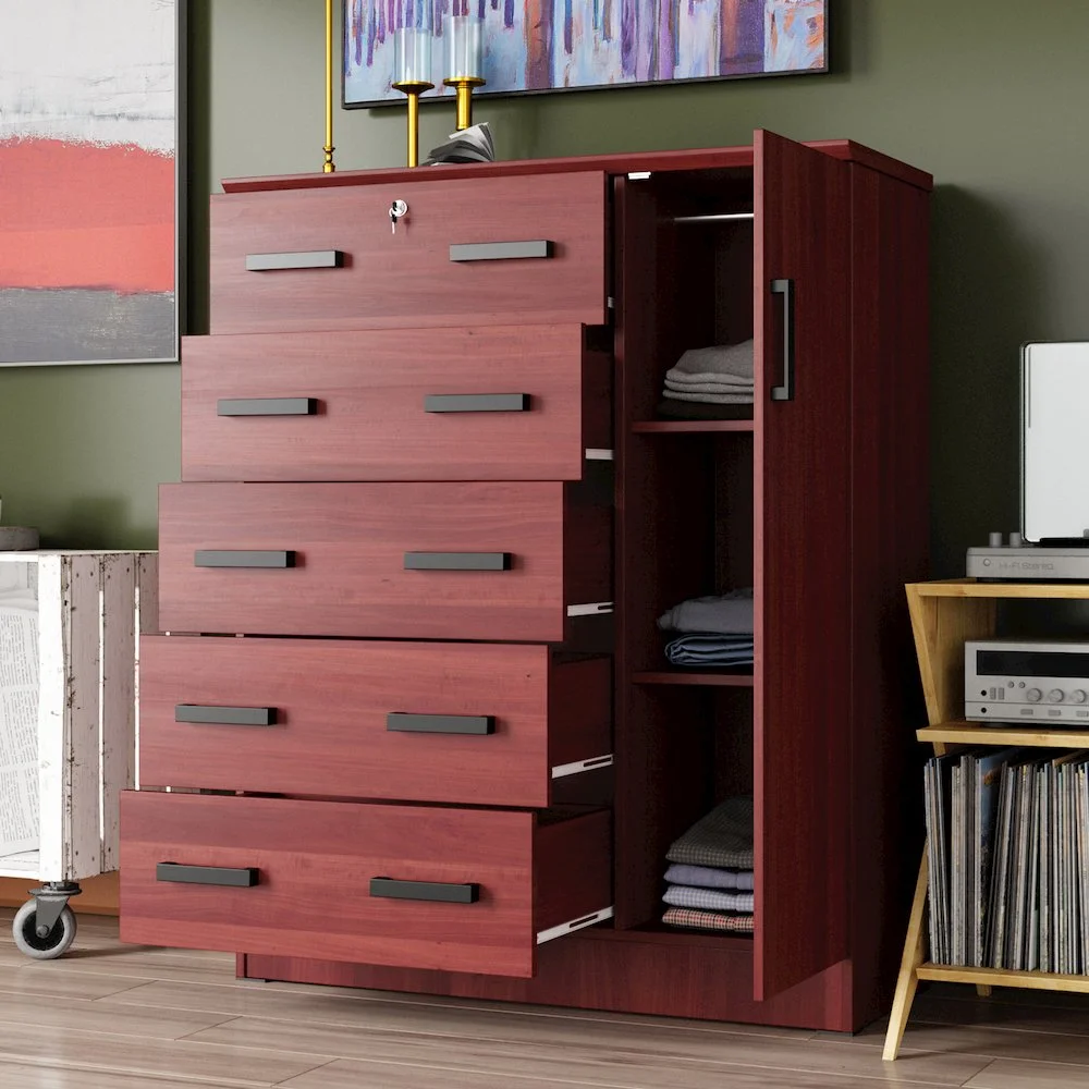 Better Home Products JCF Sofie 5 Drawer Wooden Tall Chest Wardrobe in Mahogany - Image 4