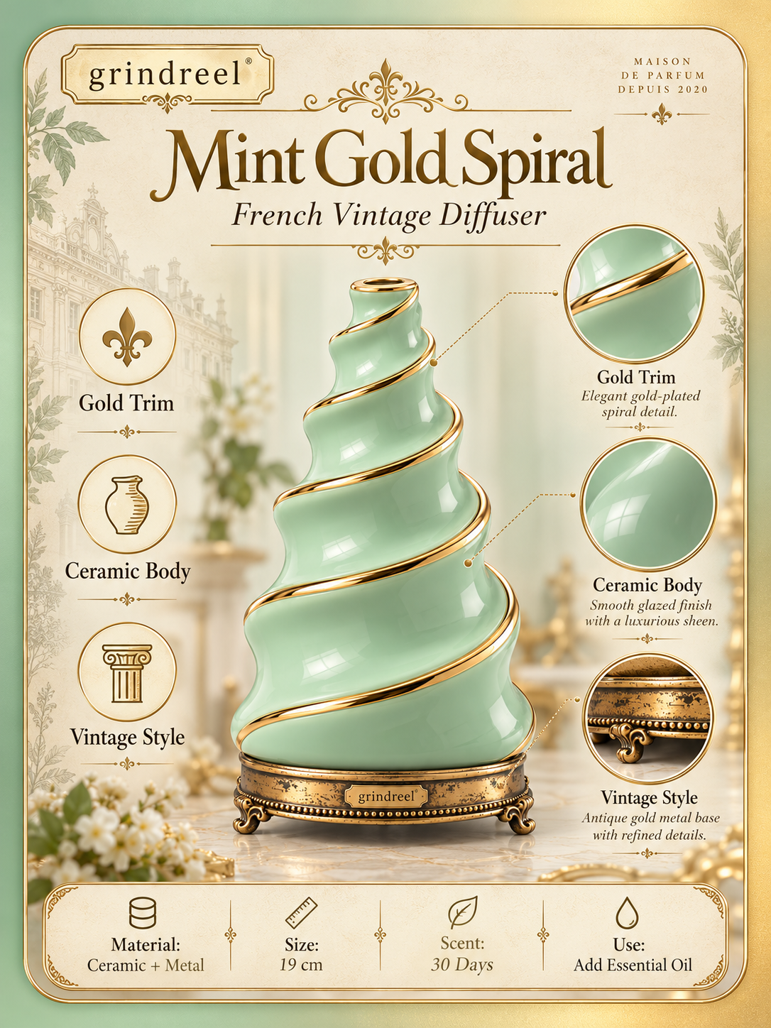 grindreel Mint Gold Spiral Diffuser