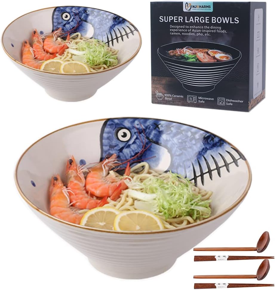 NJCHARMS Ceramic Ramen Bowl Set of 2, 60 oz Japanese Noodle Soup Bowls with Spoons and Chopsticks for Ramen Soup Pho Udon Asian Noodles, Large Noodle Bowls(Black