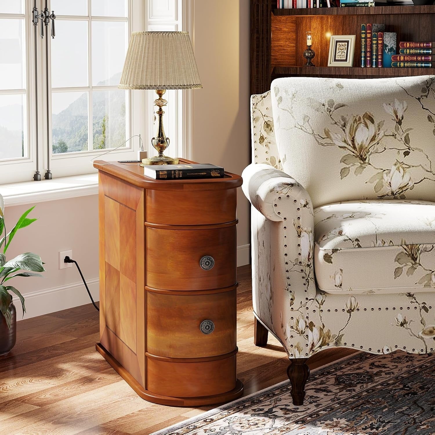 Solid Wood Chairside End Table, Two-Drawer Narrow Side Table Slim