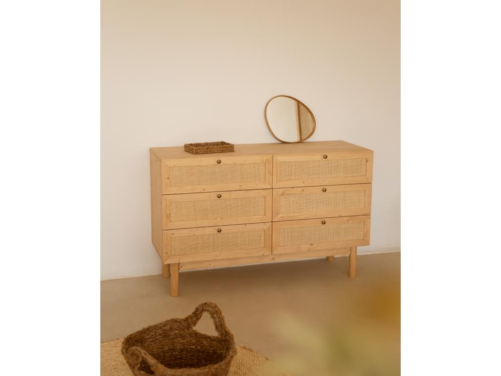 Cómoda de madera maciza y rafia 6 cajones en tono roble medio 120x76cm - FRIDA - Tucasago