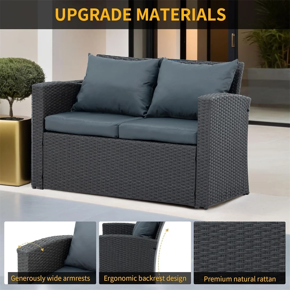 4 Pieces Patio Conversation Set, Outdoor Furniture Set with Cushion, Outside Sectional Rattan Wicker Sofa Furniture Set for Garden, Porch, Backyard, Gray - Image 12