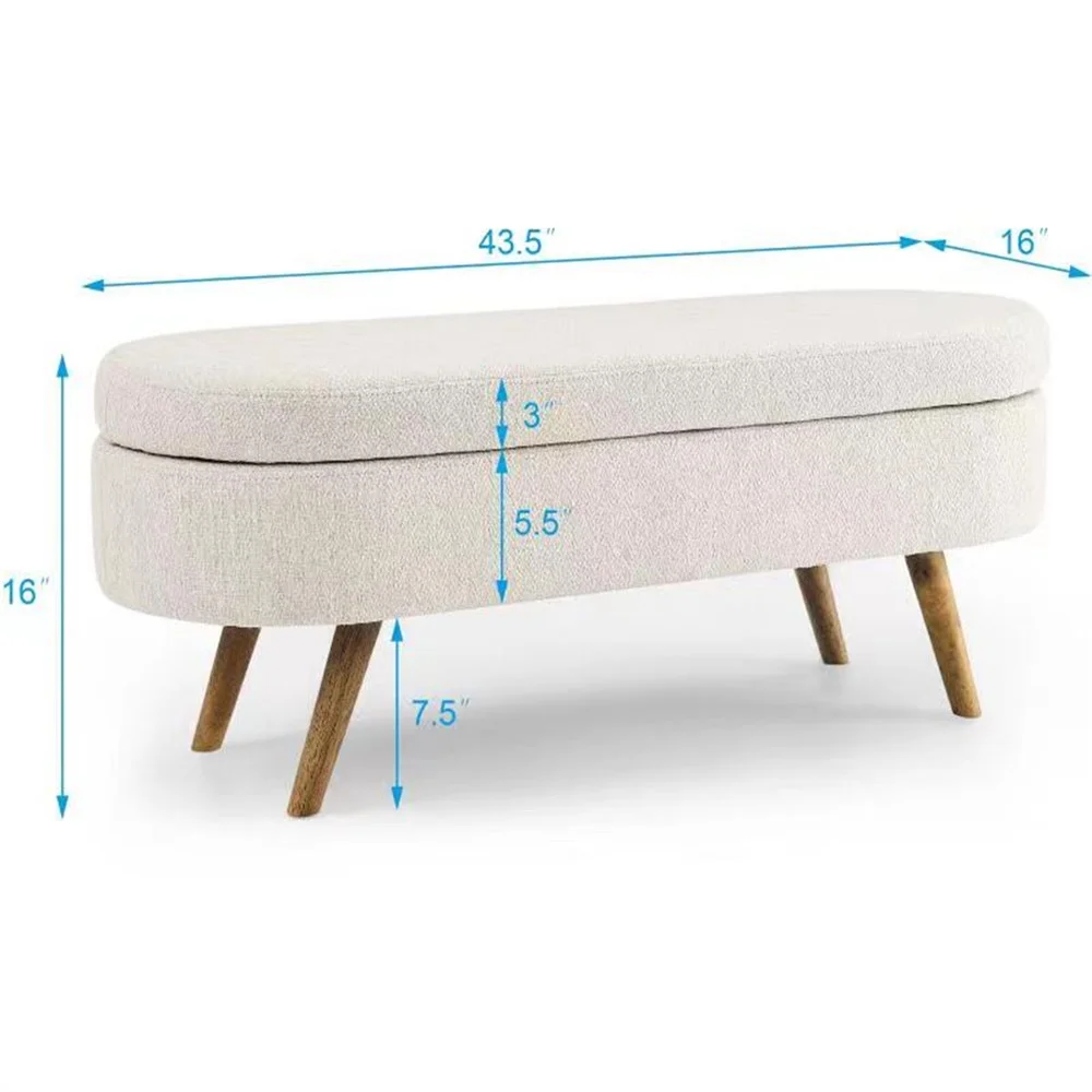 43.5" Oval Storage Ottoman Bench with Solid Wood Legs, Linen Fabric Upholstered Entryway Bench with Safety Hinge, Indoor Bench for End of Bed, Sofa Side, Entryway - Image 2