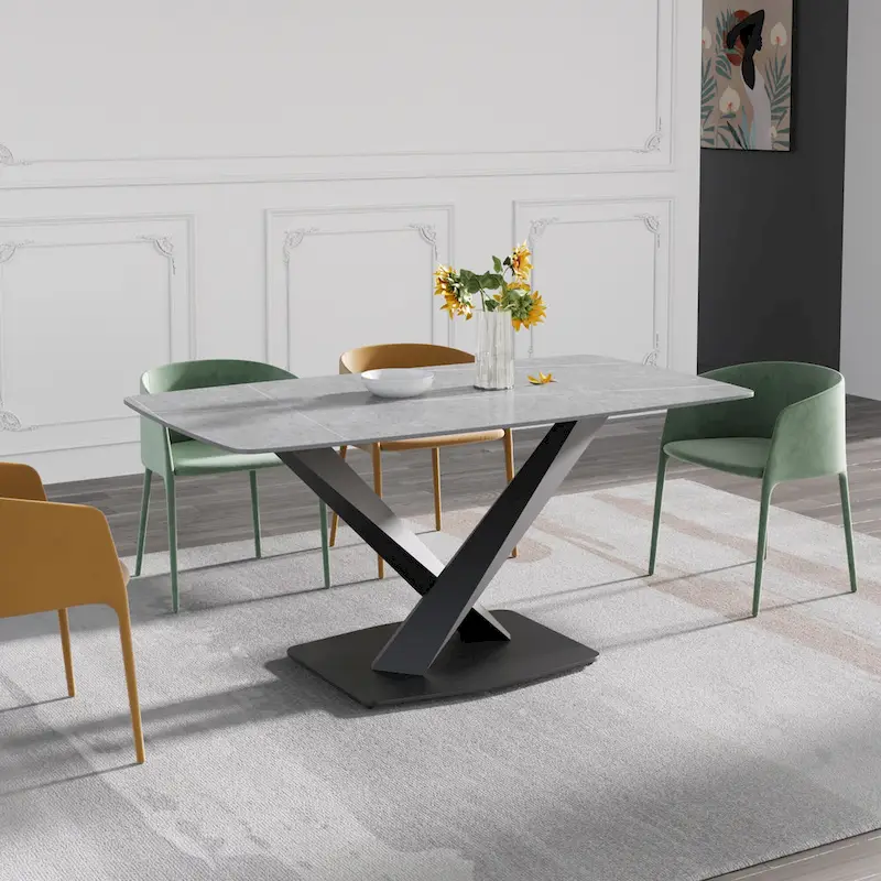 63-Inch Contemporary Dining Table with Slate Stone Surface and Metal Legs, Marble Finish