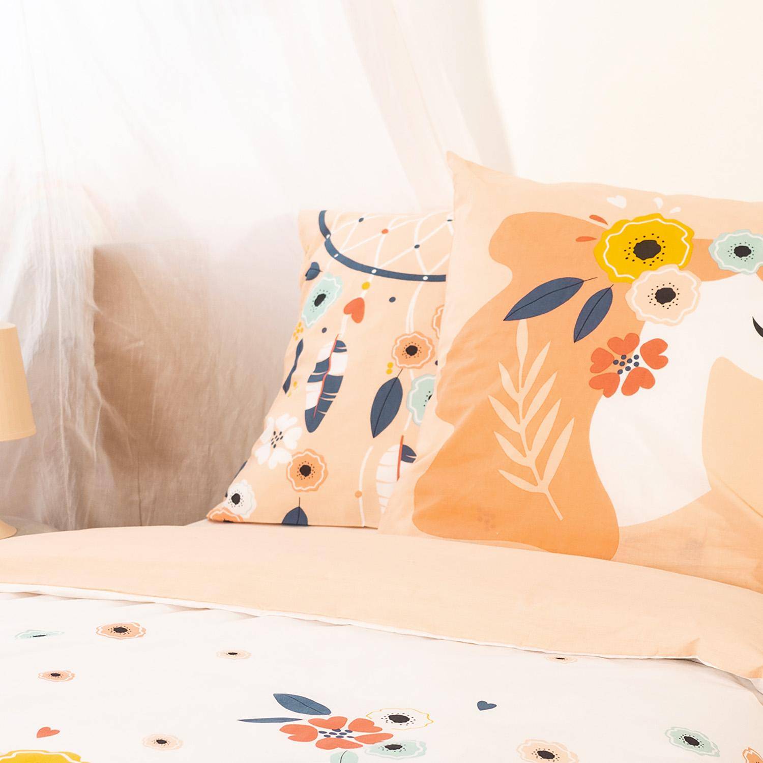 Ysia - Ropa de cama de algodón reversible con estampado de atrapasueños y unicornio, 1 plaza