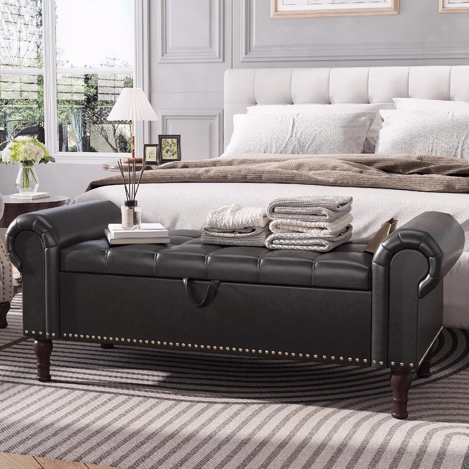 YOUDENOVA Storage Ottoman Bench for Bedroom 51" Queen Leather Storage Bench with Button, Upholstered Bedroom Bench with Rolled Arms for Living Room, Storage Room, Entryway, Gray - Image 7