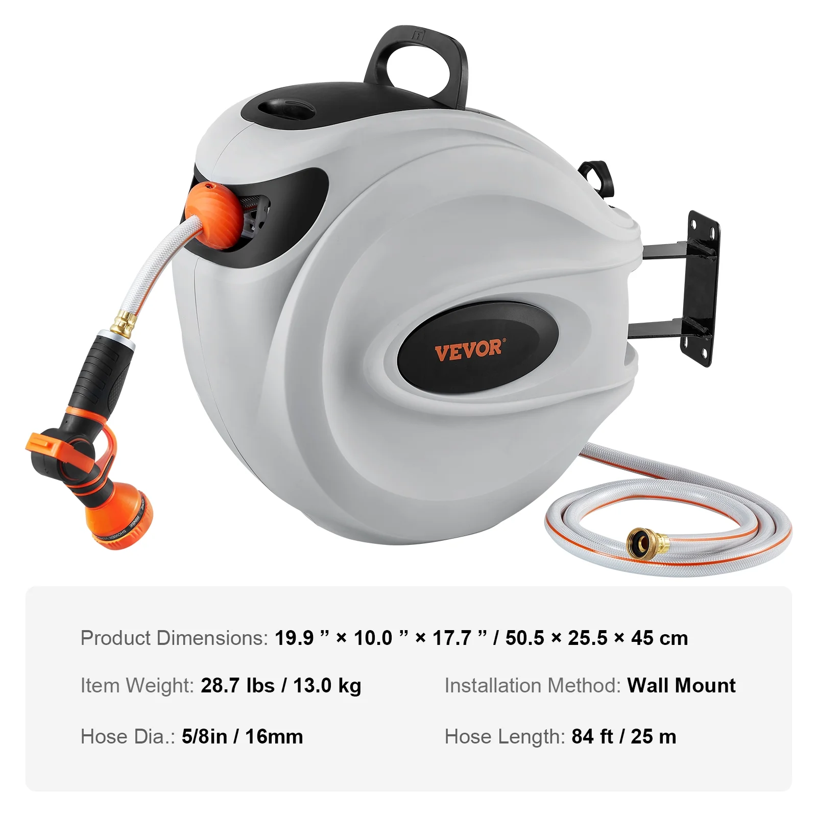 VEVOR Retractable Hose Reel, 84 ft x 5/8 inch, 180- Swivel Bracket Wall-Mounted, Garden Water Hose Reel with 9-Pattern Nozzle, Automatic Rewind, Lock at Any Length, and Slow Return System - Image 7