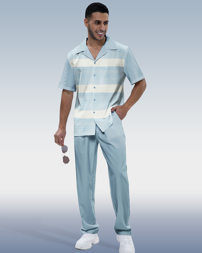 Blue Textured Two-Piece Short Sleeve Printed Walking Set