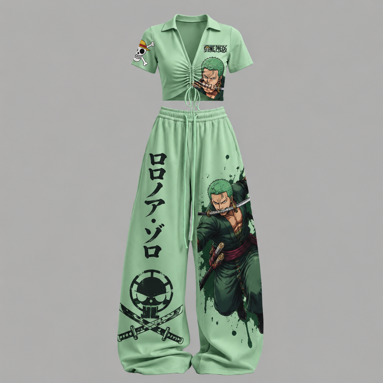 One Piece Drawstring Short Sleeve Top & Long Pants Two-Piece Set