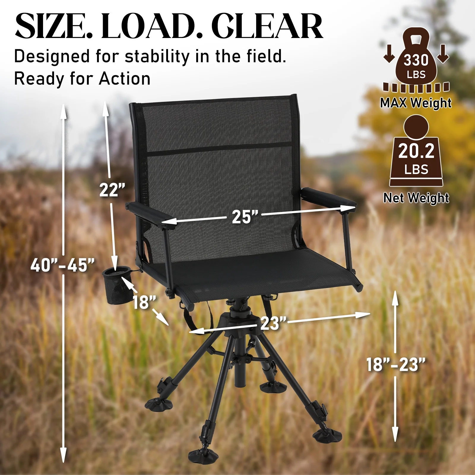 Danrelax 360- Silent Camo Hunting Blind Chair, Armrests, Side Pouch, Telescopic Legs - Image 15