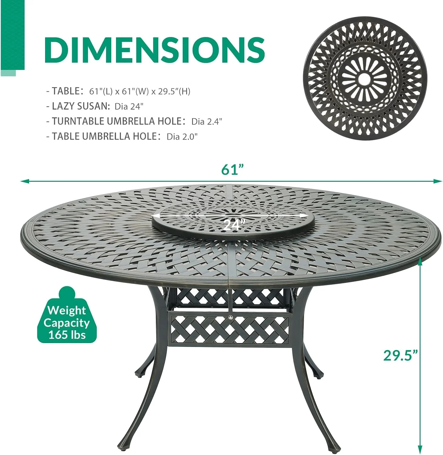 VIVIJASON Outdoor 61" Patio Dining Table for 6-8 Person, Large Patio Round Dining Table with 24" Lazy Susan, Dark Bronze Cast Aluminum Rustic Patio Table W/Umbrella Hole for Balcony, Porch and Deck - Image 16
