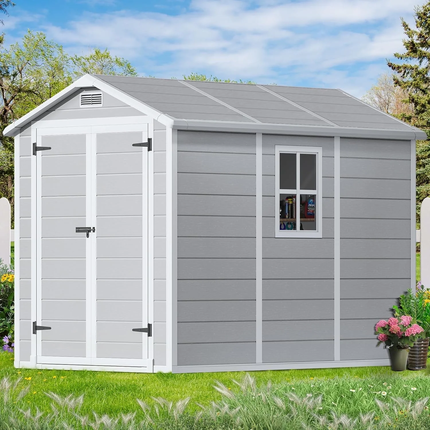 9 x 5.8 FT Outdoor Storage Shed, Linor Resin Shed with Floor, Window, and Vents, Weather-Resistant Garden Shed for Garden Tool Outside Sheds, Bike Shed, Backyard Shed - Image 10