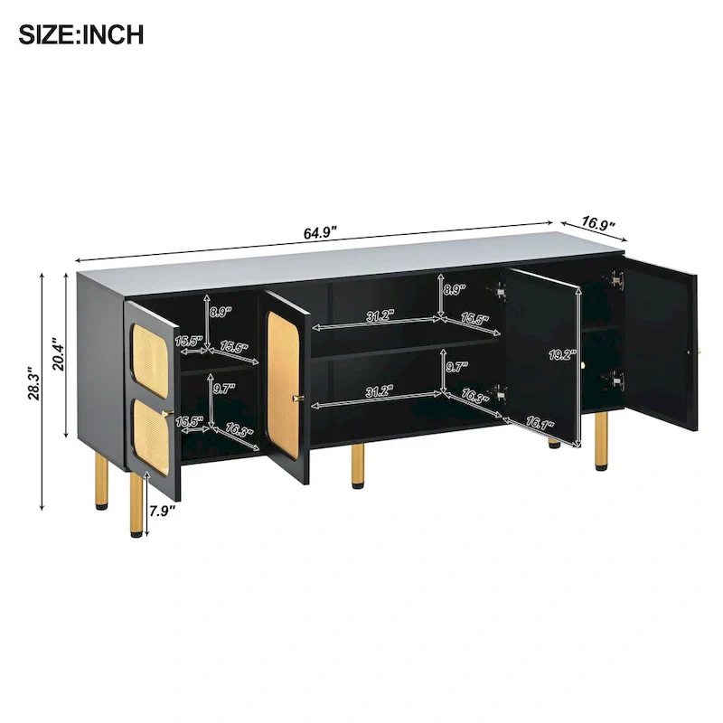 Bohemian Country Wood and Rattan TV Stand Media Console Storage Cabinet - Dimensions: 16.9" x 64.9" x 28.3"