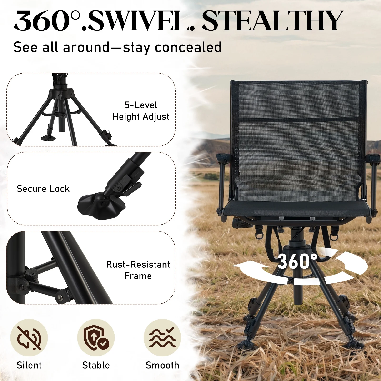 Danrelax 360- Silent Camo Hunting Blind Chair, Armrests, Side Pouch, Telescopic Legs - Image 20
