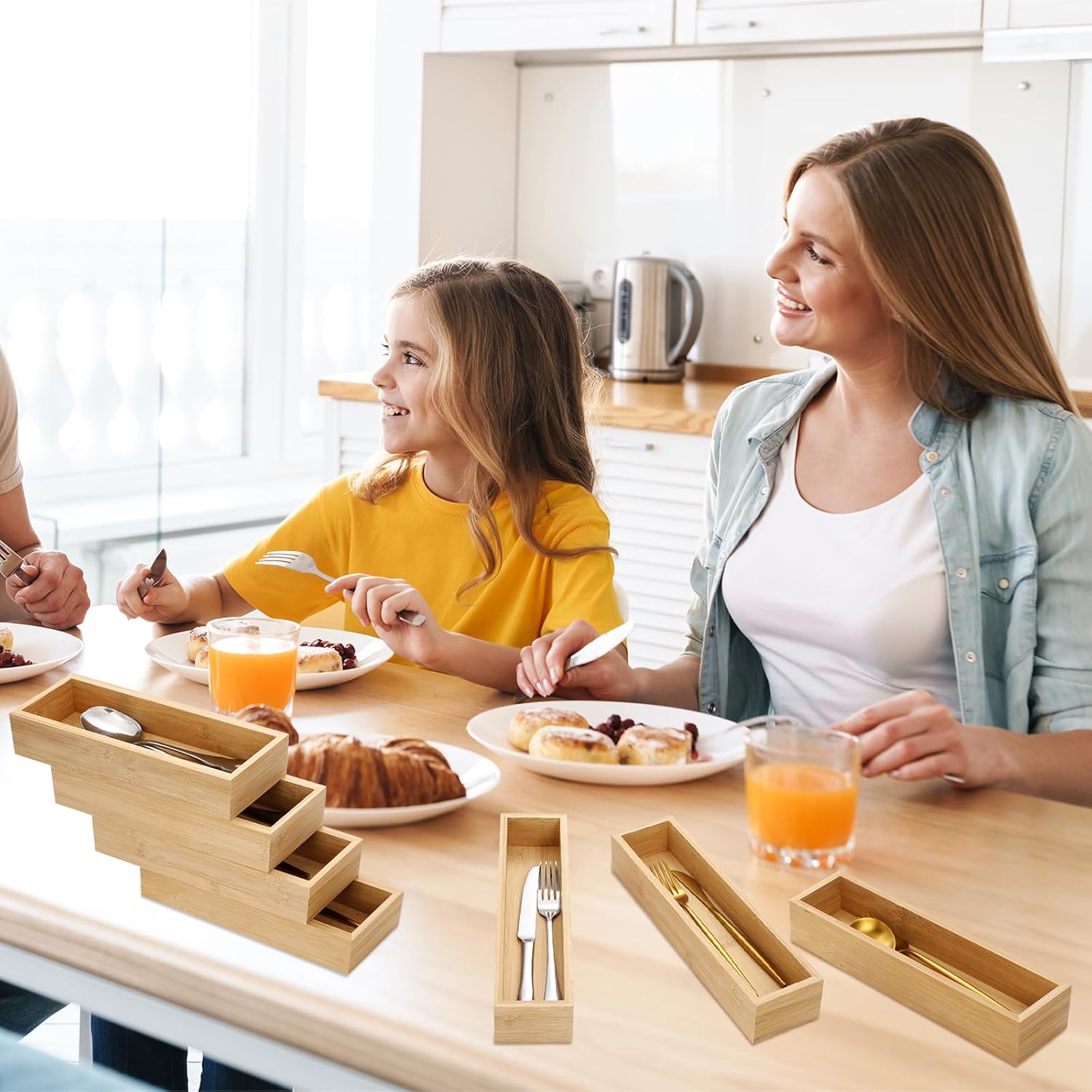 4 Pcs Bamboo Drawer Organizer Stackable Utensil Organizer for Kitchen Bamboo Storage Box Wood Silverware Tray for Drawer, Dresser, Bathroom 12