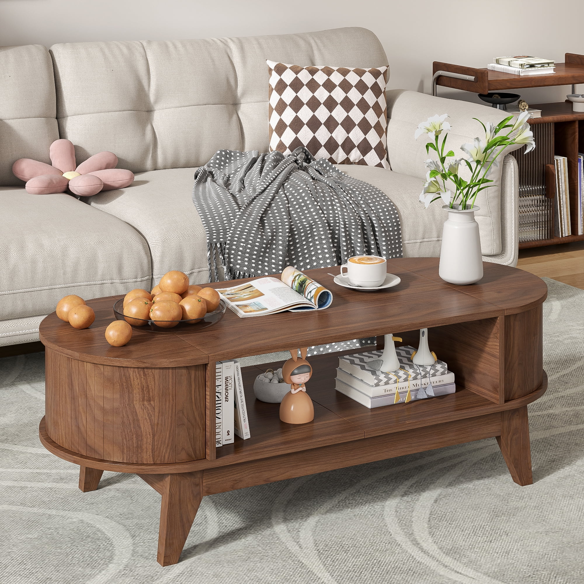 Fluted Coffee Table with Storage, Modern Coffee Tables, Wood Accent Center Table - Image 16