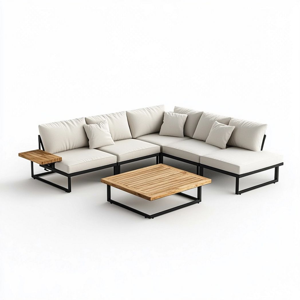 Sofá Esquinero Modular Exterior Cojines Cómodos Aluminio Madera Blanco Terraza 250x75cm
