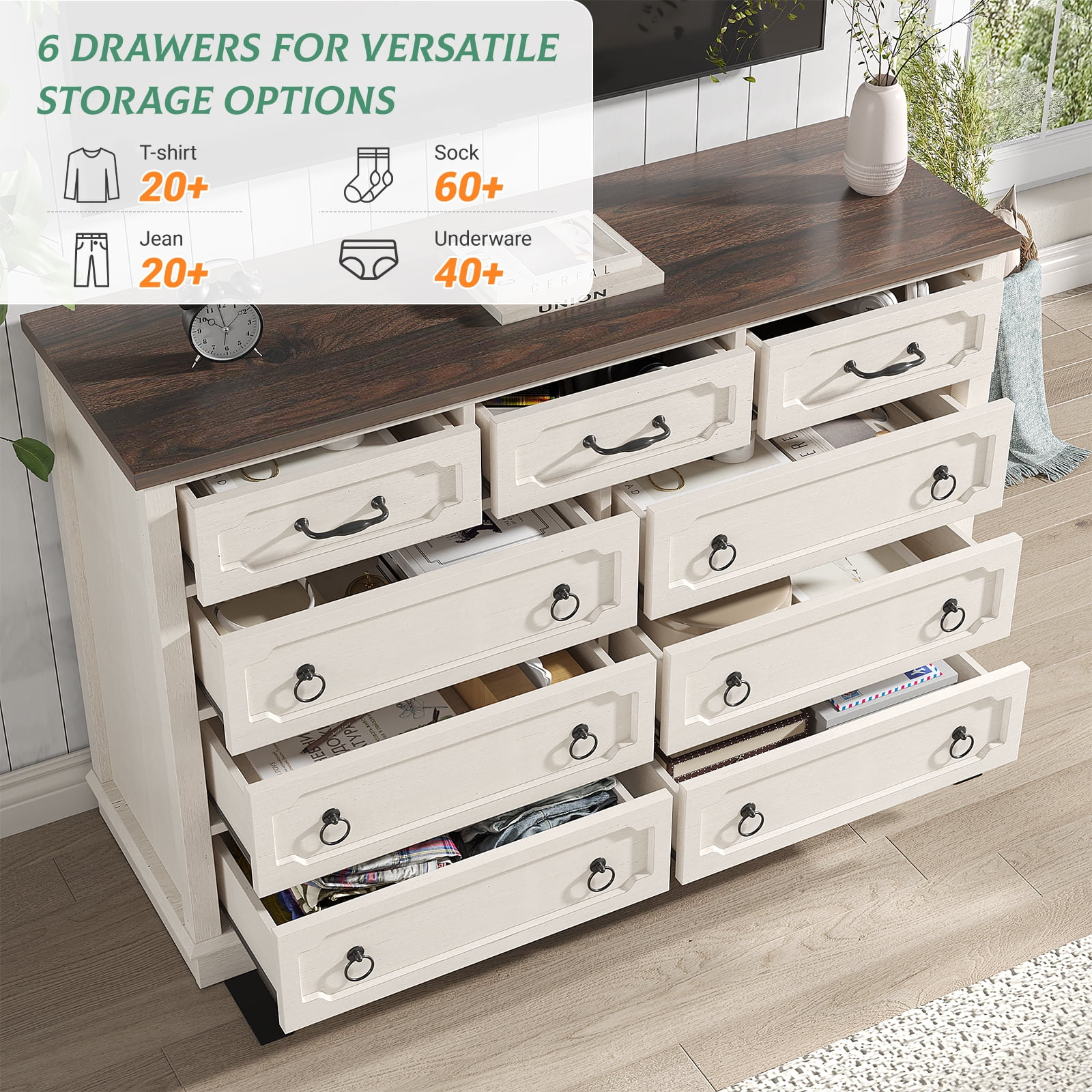 Vabches Farmhouse 6 Drawer Dresser, 43" Tall Chest of Drawers for Bedroom, Living Room, Hallway, Entryway, Antique White - Image 17