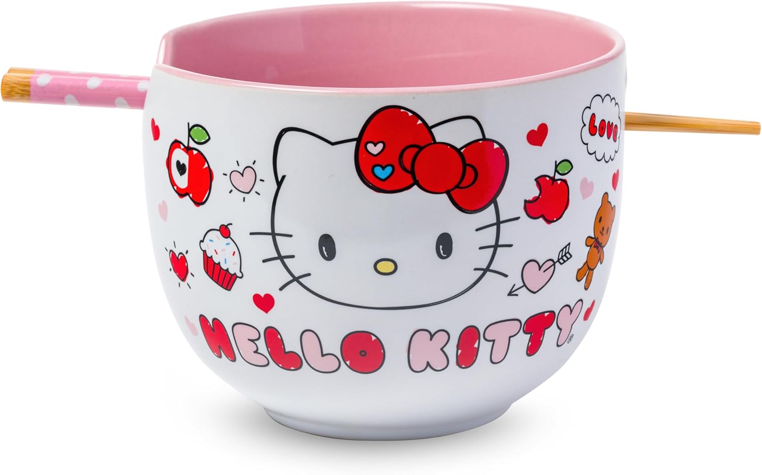 Silver Buffalo Sanrio Hello Kitty Face with Different Color Bows Pattern Ceramic Ramen Noodle Rice Bowl with Chopsticks, Microwave Safe, 20 Ounces