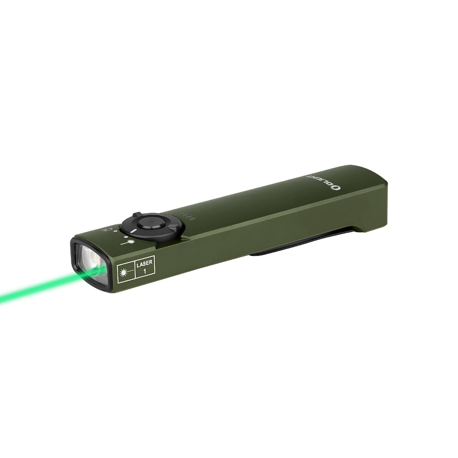 Olight Arkfeld Flat Flashlight 1000 Lumens Dual Light Source EDC Lights with Green Beam and White LED Combo, Powered by Rechargeable Built-In(Od Green Cool White)