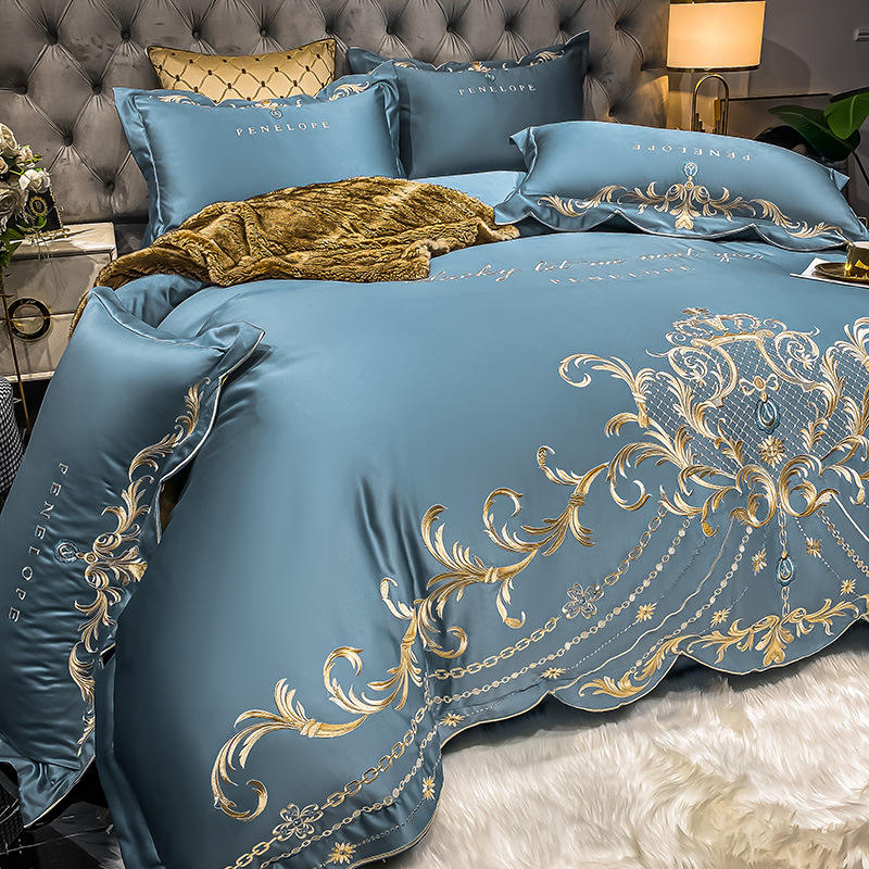 High Quality Ice Silk Cotton Bedding Set European Style Four Piece Bed Sheet Set With Embroidery