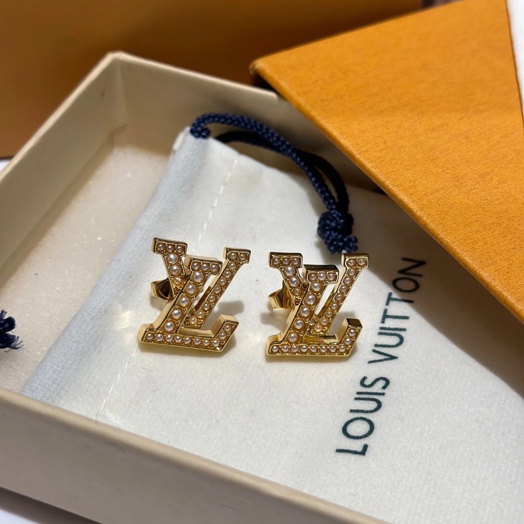 Louis Vuitton Pearl Paved LV Letter Stud Earrings - Original Replica Club