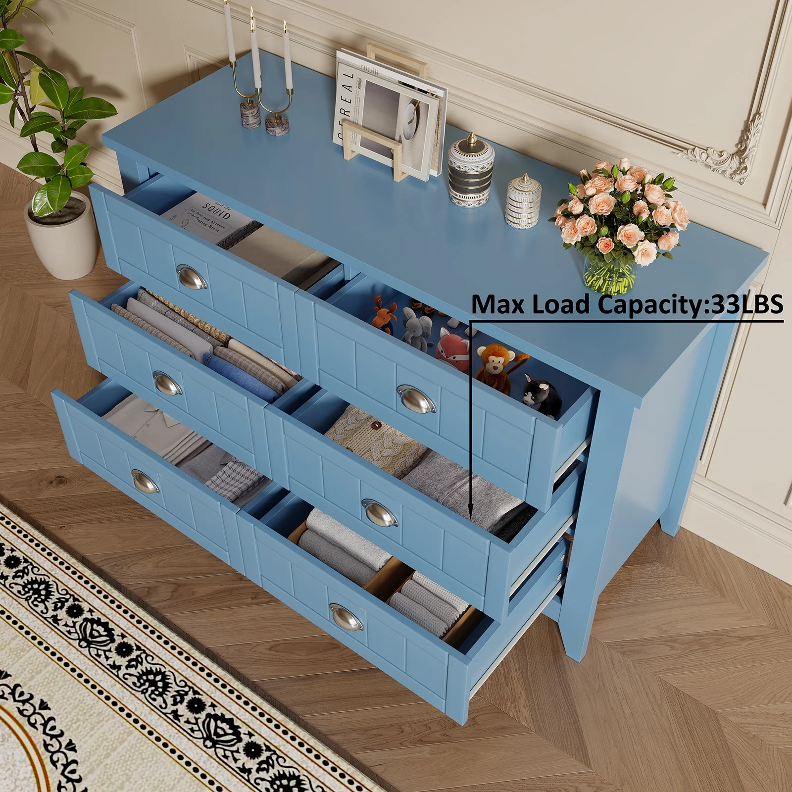 6 Drawer Dresser, Light Blue Elegant Chest of Drawers, Large Cabinet with Storage, Rustic Wood Chest of Drawers for Bedroom, Living Room, Hallway - Image 11