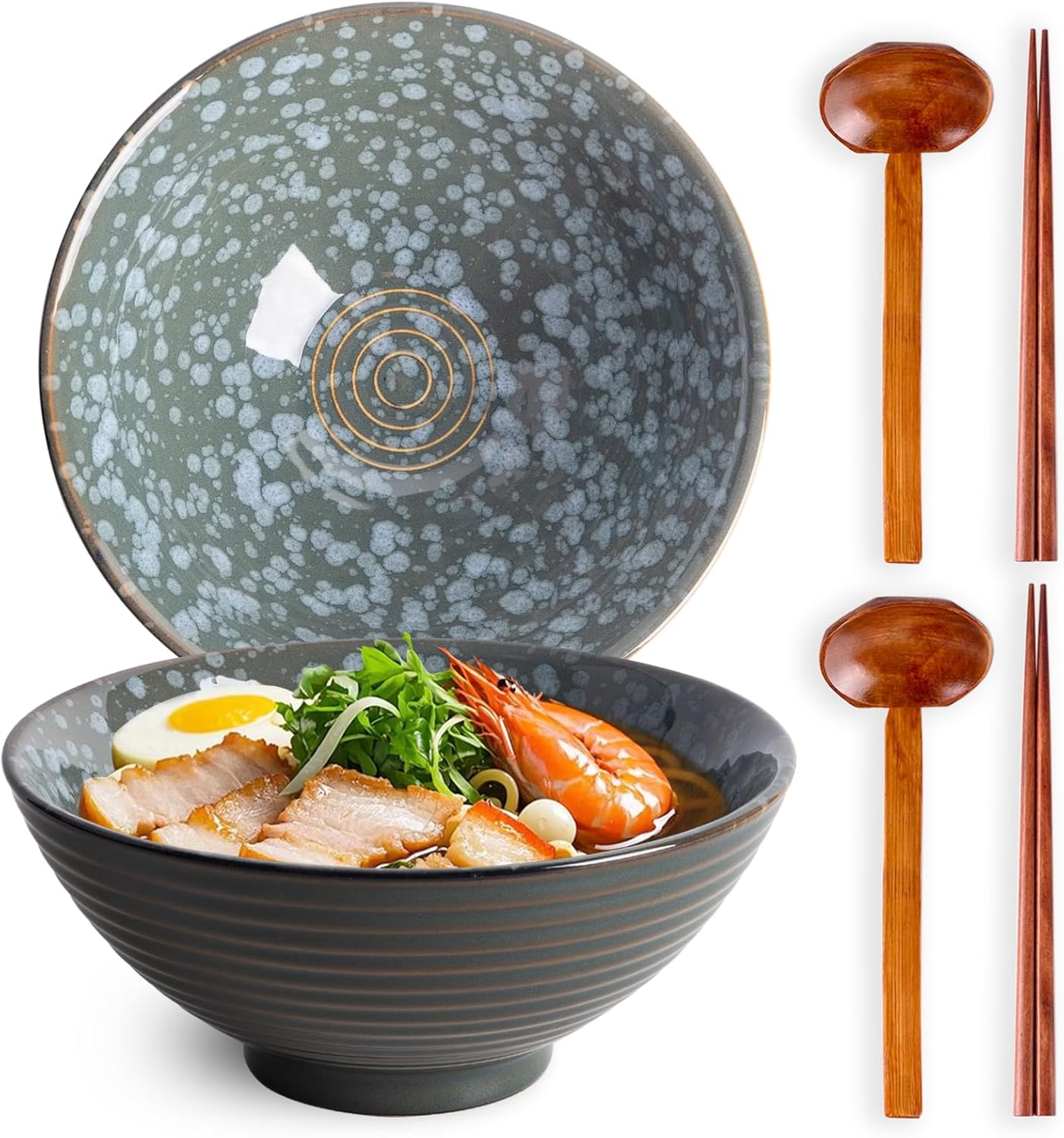 40oz Japanese Ceramic Ramen Bowl Set of 2 with Chopsticks and Spoons for Pho Udon Asian Soup Noodles (Jade Speck)