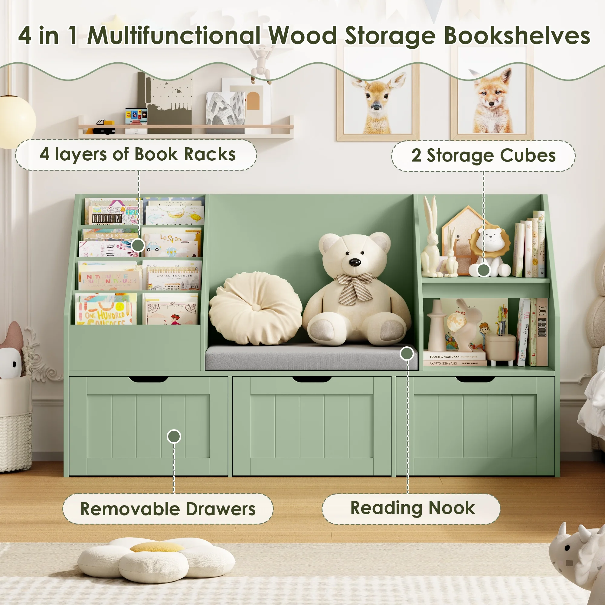 Homfa Kids Bookshelf with Reading Nook & 3 Movable Drawers, 2 Cube Bookcase with 4-Tier Book Racks, Toy Storage Organizer for Playroom Bedroom, White - Image 24
