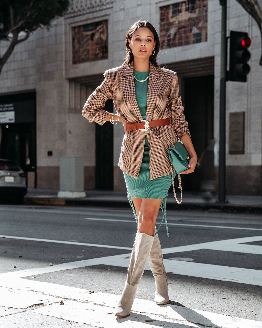 Yasmine Long Sleeve Ruched Knit Dress - Green - Se7enfashion