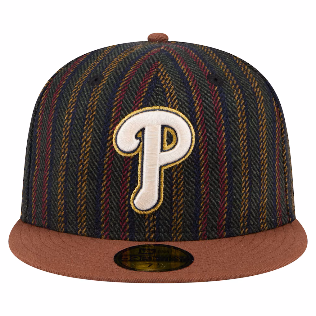 Front view of the New Era Philadelphia Phillies Fitted Hat showcasing the multicolored striped crown and white raised 