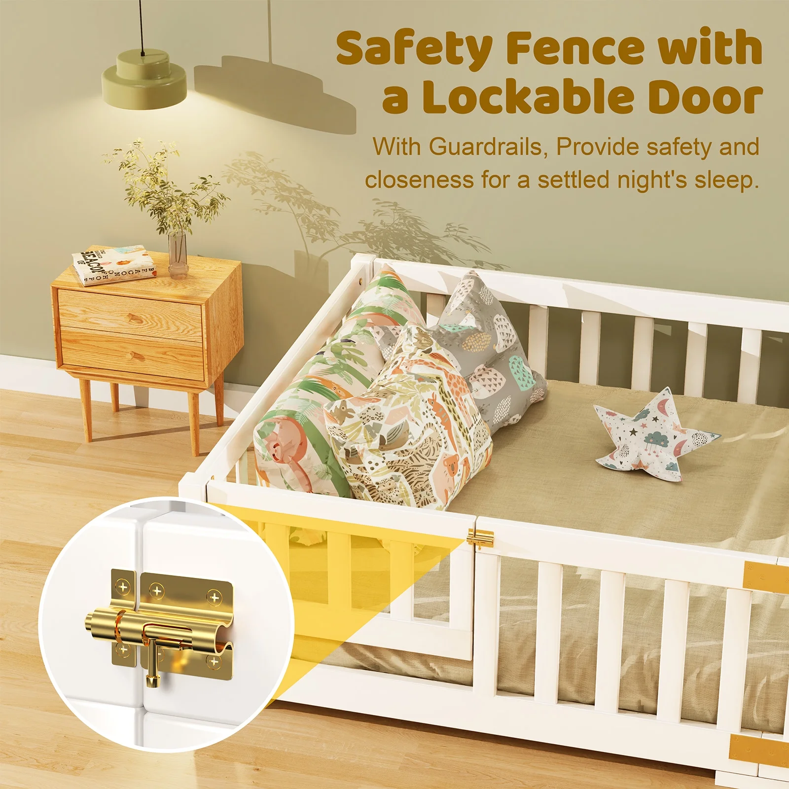 Slsy Twin Size Toddler Floor Bed, Solid Wood Montessori Bed Frame with Fence & Door Montessori Floor Bed Crib with Safety Guardrails for Girls and Boys - Image 6